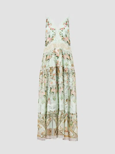 Camilla Women's Floral Silk Trapeze Tiered Dress In Pastel Green