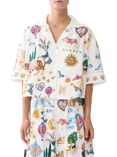 Camilla Women's Kapadokya Kitsch Camp Collar Crop Blouse In Neutral