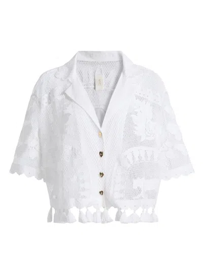 Camilla Women's Lace Camp Collar Crop Blouse In Neutral