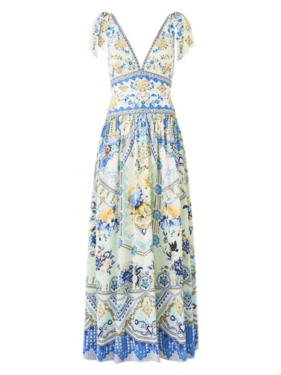 Camilla Women's Shoulder-tie Linen-silk Maxi Dress In Blue