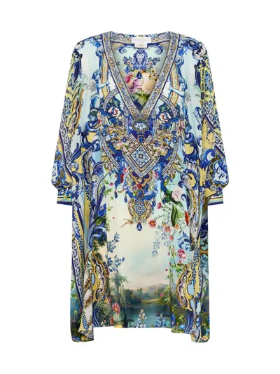 Camilla Women's Silk Printed Mini-kaftan In Blue
