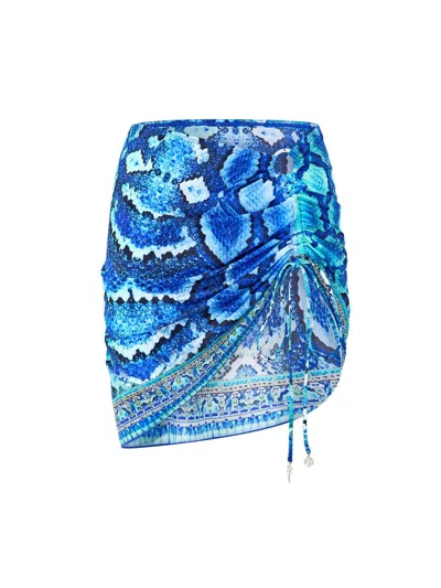 Camilla Ruched Short Sarong With Ring Front Trim In The Sapphire Serpent