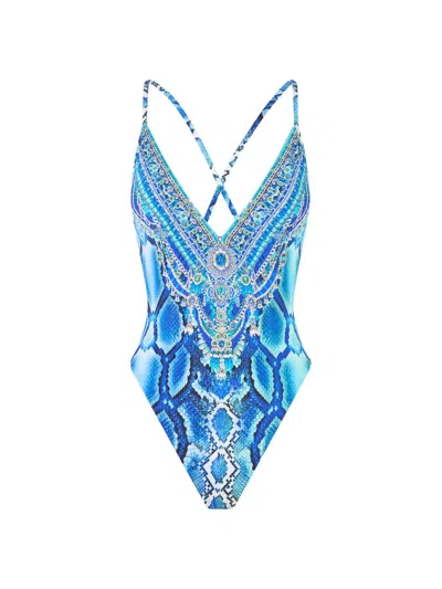 Camilla Women's The Sapphire Serpent V-neck One-piece Swimsuit In Blue