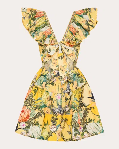 Camilla Tiered Neck Frill Floral Cotton Mini Dress In Yellow