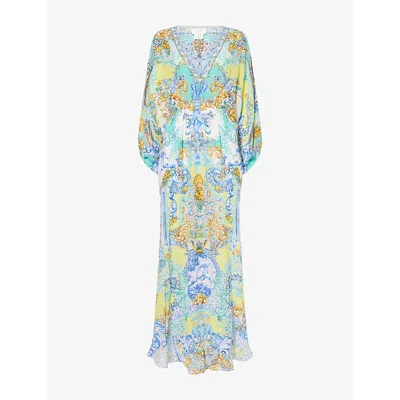 Camilla Womens Crystal-embellished Graphic-pattern Silk Kaftan Dial Up The Tiles