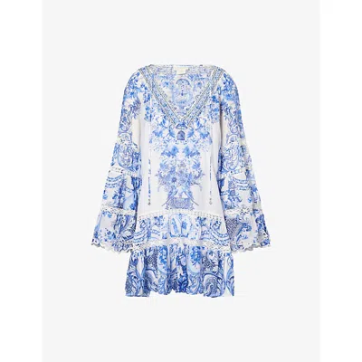 Camilla Womens Gathered-panel Ceramic-print Silk And Cotton Mini Dress Ceramic Panoramic