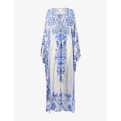 Camilla Womens Porcelain-print V-neck Silk Kaftan Ceramic Panoramic