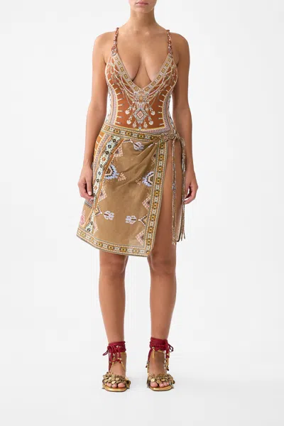 Camilla Woven Short Sarong With Macrame Tie Waist Fabric Of Time In Brown