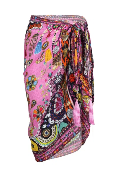 Camilla Woven Short Sarong With Tassels Patchwork Panorama In Pink