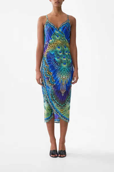 Camilla Wrap Front Backless Beach Midi Dress With Trims Cosmic Zoology In Blue
