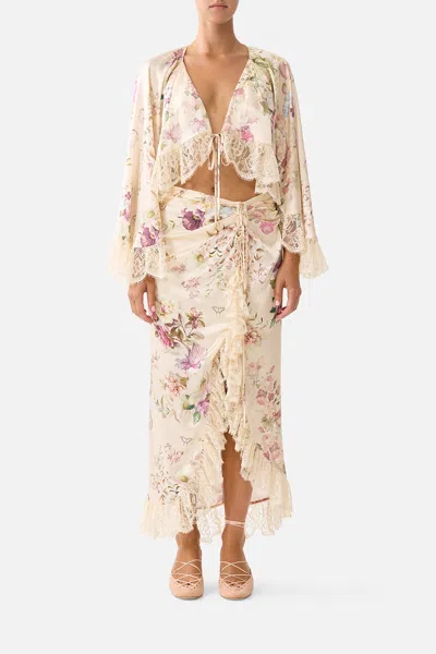 Camilla Wrap Tie Skirt With Ruffle Adorned In Aranjuez In White
