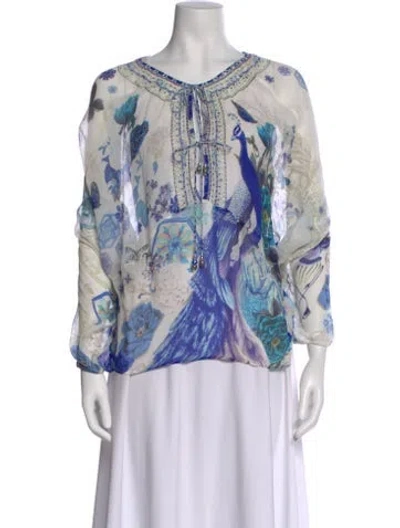 Pre-owned Camilla X Leading Hotels Of The World Floral Print Tie Neck Blouse In Blue