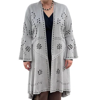 Camille & Co Laser Cut Long Cardigan In Gray In Grey