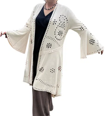 Camille & Co Laser Cut Long Cardigan In Ivory In Multi