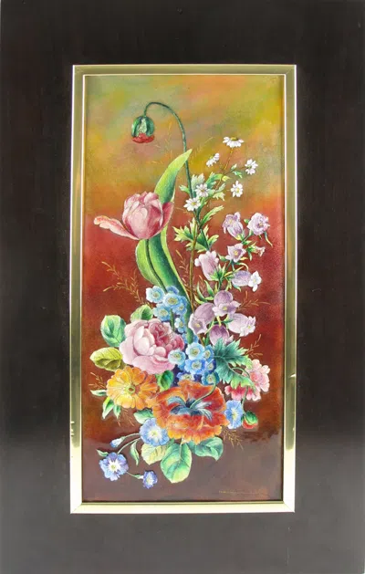 Pre-owned Camille Fauré Camille Faure Limoges Enamel Floral Artwork Plaque Frame, Circa 1940 In Brown