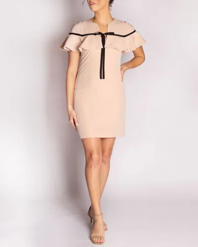 Camilyn Beth Ruffle Shoulder Palais Dress In Beige/black In Pink