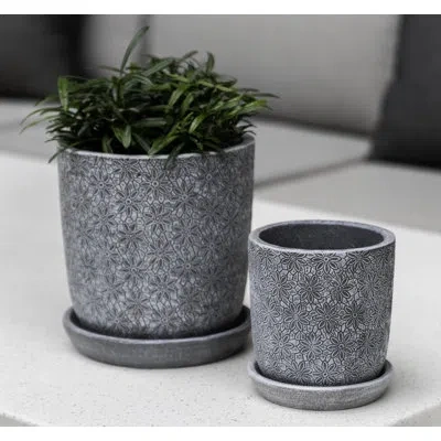 Campania International Marguerite 8 - Piece Glazed Terra Cotta Pot Planter Set In Etched Gray