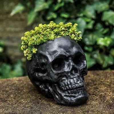 Campania International Skull Cast Stone Concrete Statue Planter In English Moss