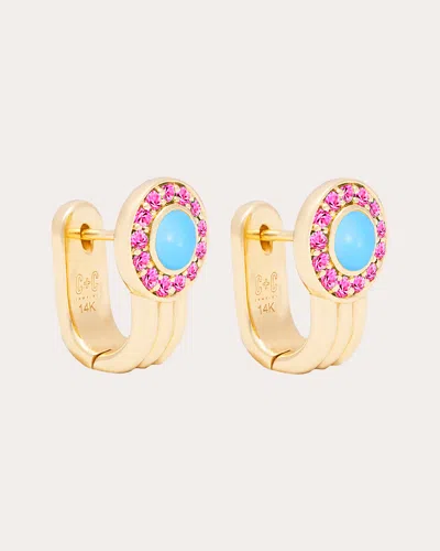 Campbell + Charlotte Women's Found 14k Gold Turquoise & Pink Sapphire Cabochon Huggie Earrings