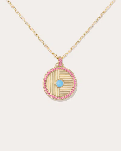 Campbell + Charlotte Women's Found Large 14k Gold Turquoise And Pink Sapphire Disk Pendant Necklace