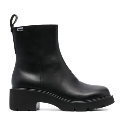 Camper Black Milah Minimalist Sturdy Block Heel Leather Ankle Boots