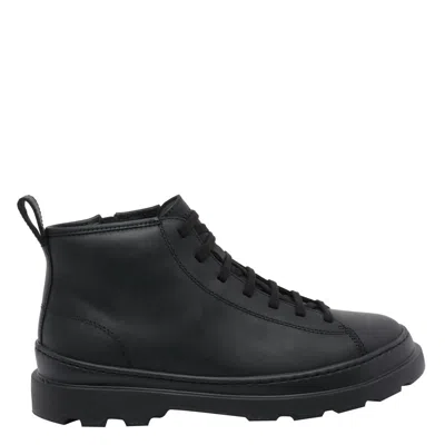 Camper Brutus Combat Boots In Black Leather In Animal Print