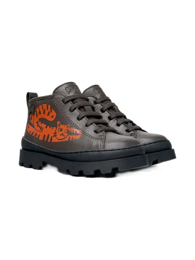 Camper Kids' Brutus Cat-print Lace-up Boots In Gray