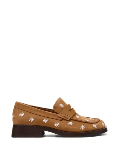 Camper Dana Floral-embroidered Leather Loafers In Brown