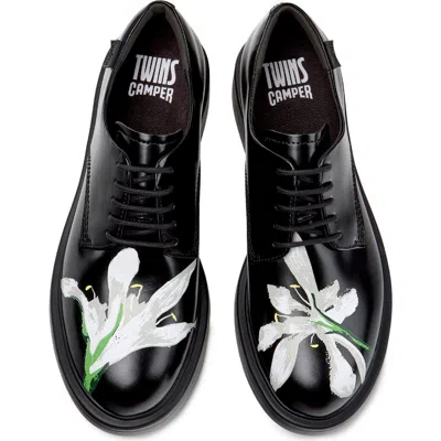 Camper Twins Floral-print Leather Derby Shoes In Black