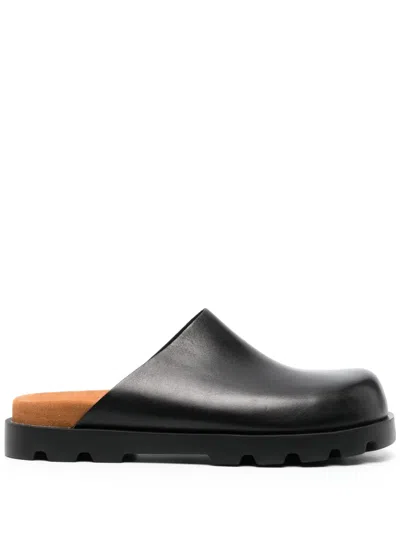 Camper Square-toe Leather Slippers In Black