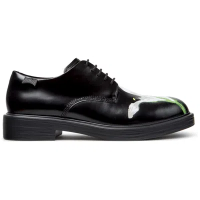 Camper Twins Floral-print Leather Lace-up Shoes In Black