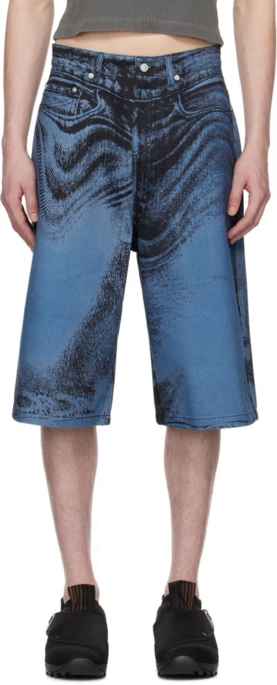CAMPERLAB BLACK & BLUE DISTORTED PRINT DENIM SHORTS