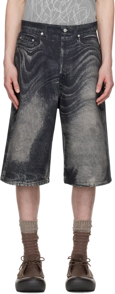 CAMPERLAB BLACK & GRAY DISTORTED PRINT DENIM SHORTS