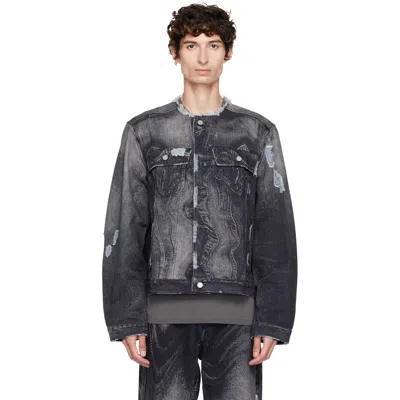 Camperlab Black Distorted Print Distressed Denim Jacket In Multi