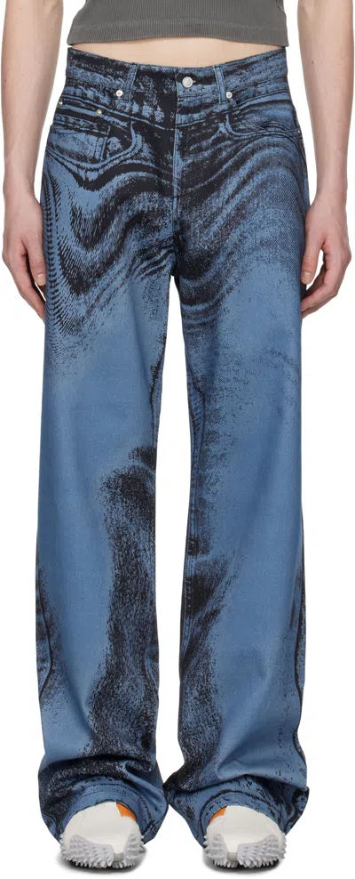 Camperlab Blue & Black Distorted Print Denim Jeans In Dark Blue-black