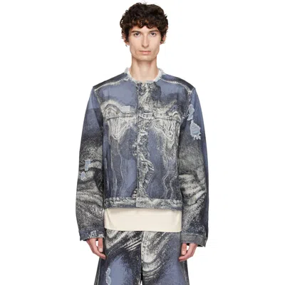 Camperlab Blue Distorted Print Distressed Denim Jacket In Multi