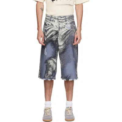 Camperlab Blue Distorted Print Distressed Denim Shorts In Multi