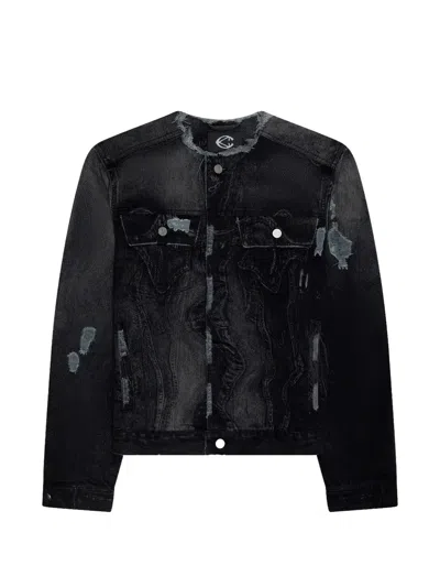 Camperlab Distorted-print Distressed Denim Jacket In Black