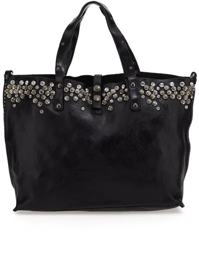 Campomaggi Large Black Leather Tote Bag With Silver-tone Accents