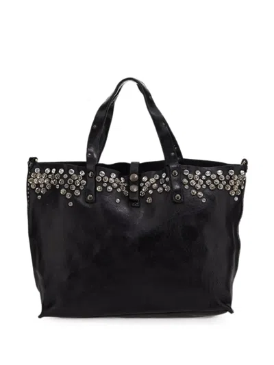 Campomaggi Large Black Leather Tote Bag With Silver-tone Accents