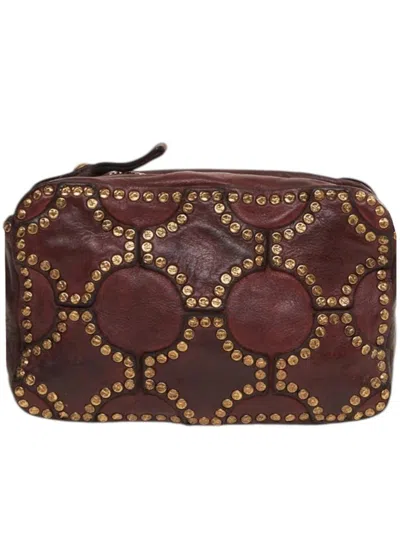 Campomaggi Rectangular Brown Leather Shoulder Bag With Gold-tone Studs In Burgundy