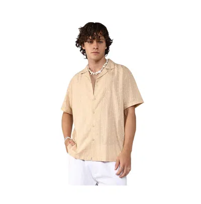 Campus Sutra Men's Beige Embroidered Geometric Shirt In Beige,khaki