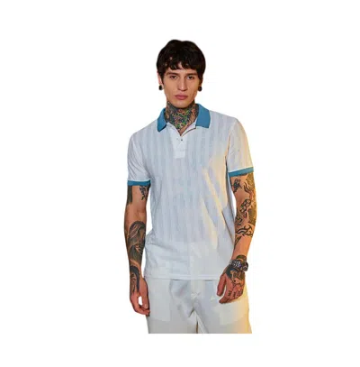 Campus Sutra Men's Chalk White & Aegean Blue Contrast Texture Polo T-shirt