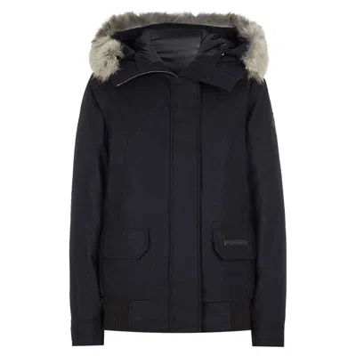 Pre-owned Canada Goose & Loro Piana Wool & Down Bomber Jacket With Coyote Fur Trim In Black