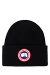 Canada Goose Ribbed Black Merino Wool Toque With Contrast Emblem In Black