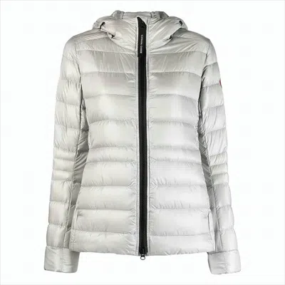 Canada Goose Fitted Silver Puffer Jacket With Adjustable Hood And Extended Cuffs In White