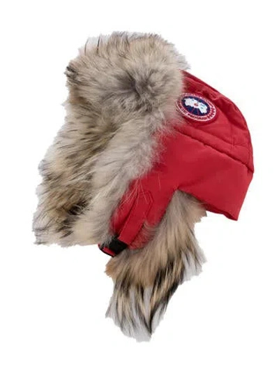 Pre-owned Canada Goose Fur-trimmed Canvas Aviator Trapper Hat In Red