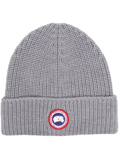 Canada Goose Grey Textured Logo Beanie Hat In Gray