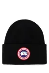 Canada Goose Ribbed Black Merino Wool Toque With Contrast Emblem In Black