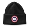 Canada Goose Ribbed Black Merino Wool Toque With Contrast Emblem In Black